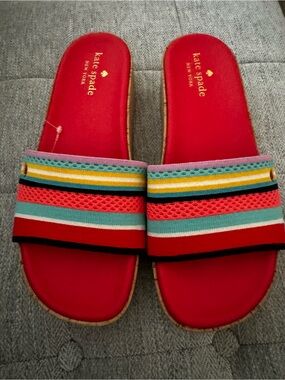 NWOT, Kate Spade wedge, striped slip on sandals. Women’s  size 9-1/2.